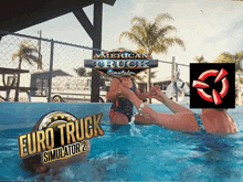 a poster for euro truck simulator 2 shows three people in a swimming pool