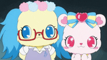two cartoon characters are standing next to each other with one wearing glasses and the other wearing a bow