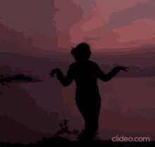 a silhouette of a woman standing in front of a body of water with clideo.com written on the bottom right