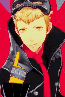 a man in a black jacket and red scarf is wearing a skull mask and holding a yellow finger .