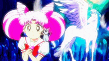 a girl with pink hair is holding a cat next to a white unicorn