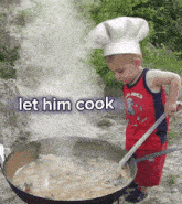 a little boy wearing a chef 's hat is stirring a large pot of soup