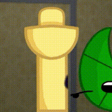 a cartoon character is standing next to a green leaf and a light .