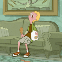 a cartoon character sitting on a couch holding a gallon of milk and a chicken wing