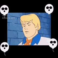 a cartoon character is surrounded by balloons with skulls on them and the words made with reface app on the bottom