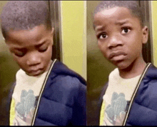 a young boy with a sad look on his face is standing in an elevator .