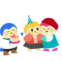 three penguins blowing out candles on a birthday cake with the text happy b-day