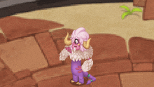 a purple and white monster with horns and feathers