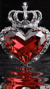 a red heart with a crown on top is reflected in the water