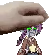 a pixel art of a hand holding a cartoon character 's head .