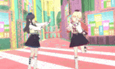 two anime girls are standing next to each other on a red and white striped floor
