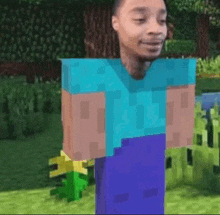 a man in a blue shirt and purple pants is standing in a minecraft video game .