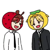 a man wearing a strawberry hat and a man wearing a lemon hat are talking to each other