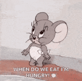 jerry from tom and jerry is wearing a diaper and saying `` when do we eat i 'm hungry '' .