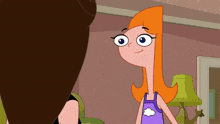 a cartoon girl with red hair and a purple tank top with a cloud on it