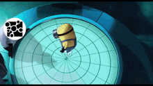 a yellow minion with spikes on his head is standing on a blue surface