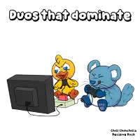 a cartoon of a duck and a mouse playing video games with the words duos that dominate above them