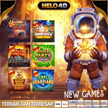 an advertisement for helo4d shows a man in a space suit holding a treasure