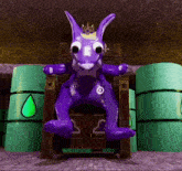 a purple stuffed animal with a crown is sitting on a chair