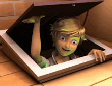 a cartoon character is peeking out of a wooden box