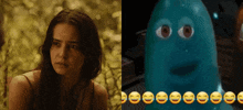 a woman with a sad look on her face next to a picture of a ghost with smiley faces around it