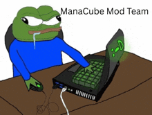 a cartoon of a frog using a laptop with manacube mod team written above it