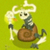 a cartoon drawing of a skeleton with horns and a snail on his back
