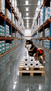 a dog in a dea uniform sits on a wooden pallet with toilet paper