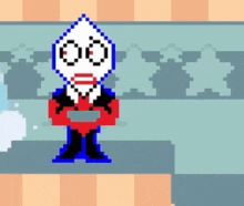a pixel art drawing of a man in a suit and tie holding a tray .