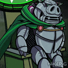a cartoon of a pig wearing armor and a green cape with nikepig written below it