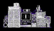 a black and white drawing of a computer surrounded by speakers and a monitor .