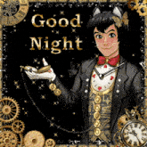 a picture of a man holding a pocket watch with the words good night written on it
