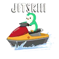 a cartoon of a penguin riding a jet ski with the word jetskii written above it