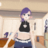 a girl with purple hair and glasses stands in a bedroom
