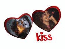 two red hearts with a picture of a man and the word kiss below it