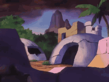 a cartoon scene with a castle in the background and a palm tree in the foreground