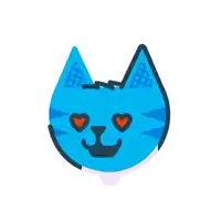 a blue cat with red hearts in its eyes on a white background