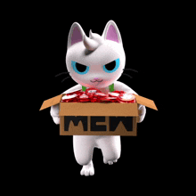 a cartoon cat is holding a box that says mew