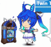 a cartoon girl with blue hair is standing next to a jukebox .