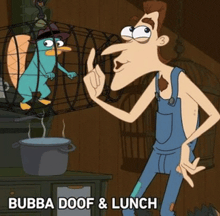 a cartoon of perry the platypus talking to a man in overalls