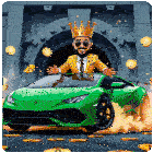 a man wearing a crown is driving a green sports car