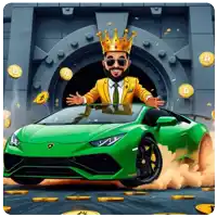 a man wearing a crown is driving a green sports car