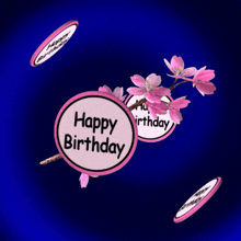 a birthday card with pink flowers and a happy birthday sign