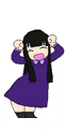 a cartoon of a girl in a purple dress screaming with her hands on her head .