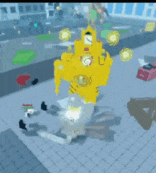 a yellow robot is sitting on the ground in a video game with a clock on it .