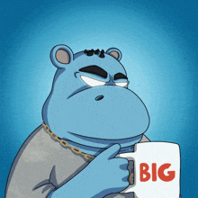 a cartoon of a hippo holding a big mug