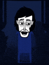 a black and white cartoon of a man with a mustache and a blue shirt