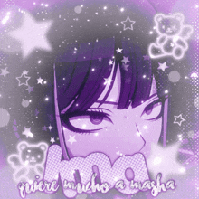 a picture of a girl with purple hair and the words quere mucho a masha