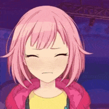 a close up of a pink haired anime girl with her eyes closed and a sad look on her face .