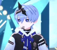 a cartoon character with blue hair and a black bow